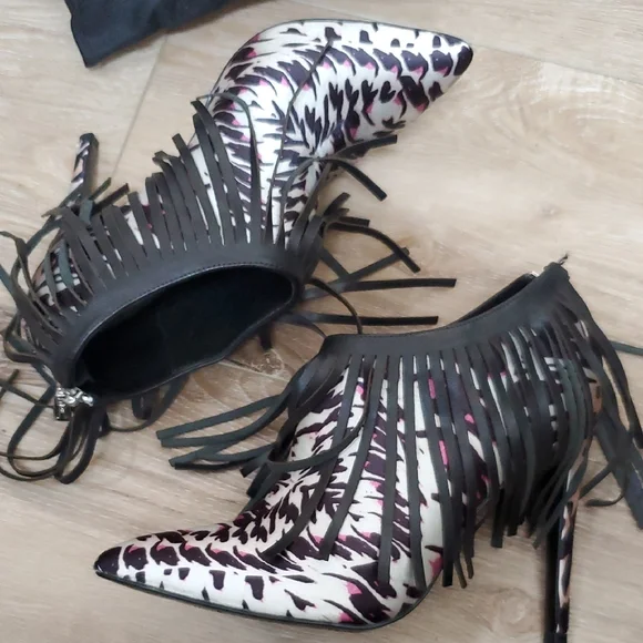 Just Cavalli Black and Purple Satin Boot With Black Leather Fringe Overlay - Picture 5 of 8